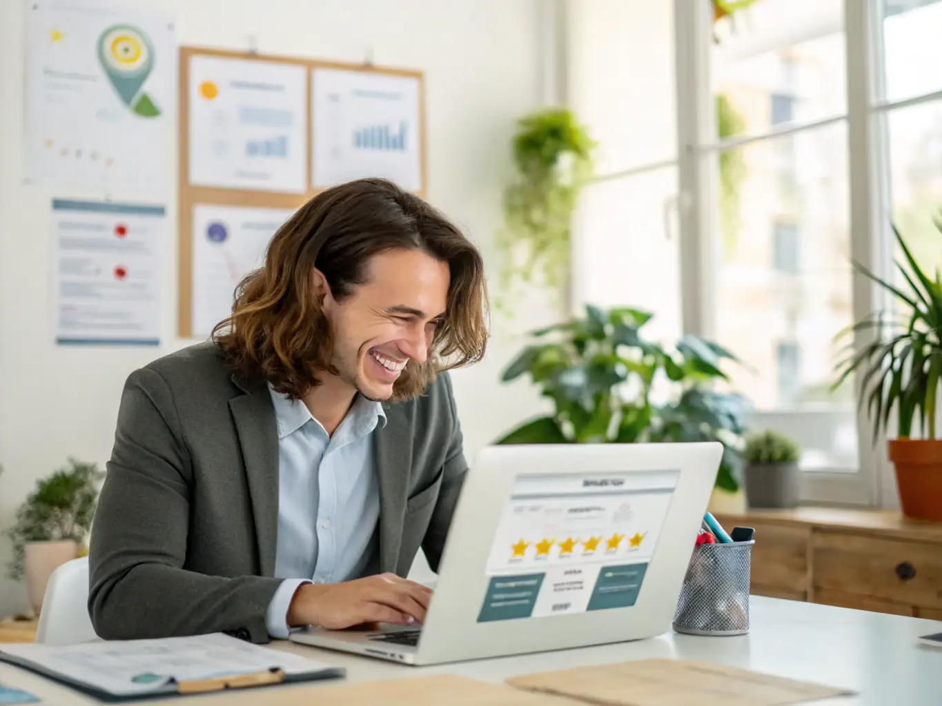 A business owner confidently managing their online reviews and feedback, representing control over their online reputation.