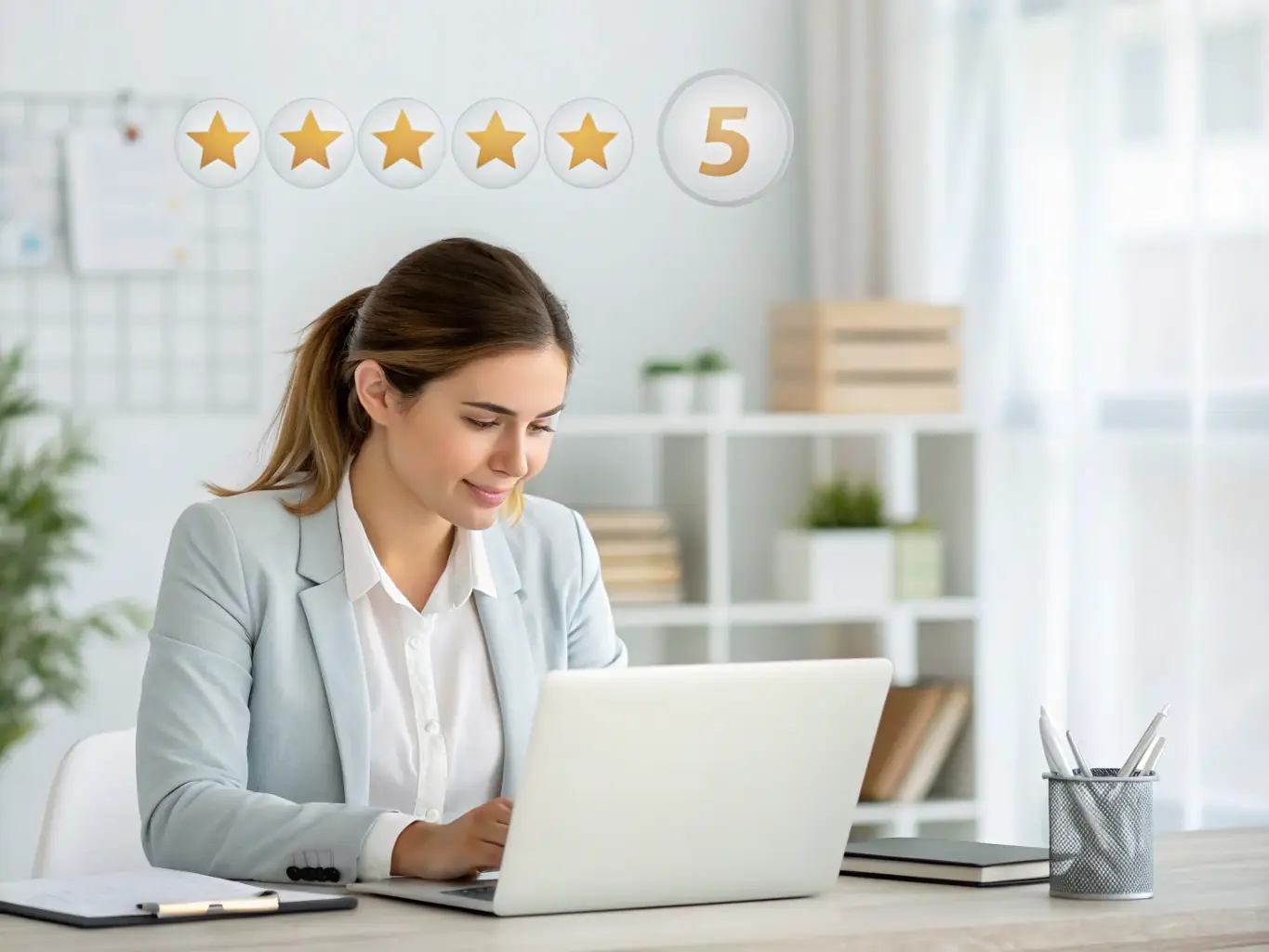 A professional showcasing a graph of positive online reviews and ratings, symbolizing improved online reputation through reputation management.