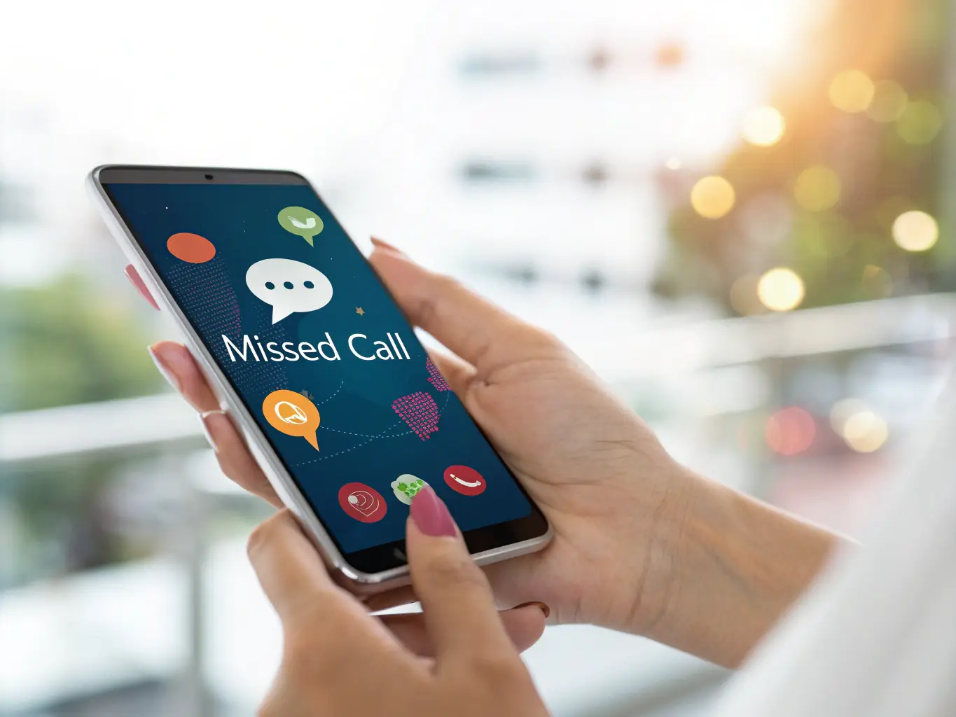 A smartphone displaying an automated text message reply to a missed call, showcasing the AI Missed Call Text-Back feature in action. The background subtly features a busy service business environment.