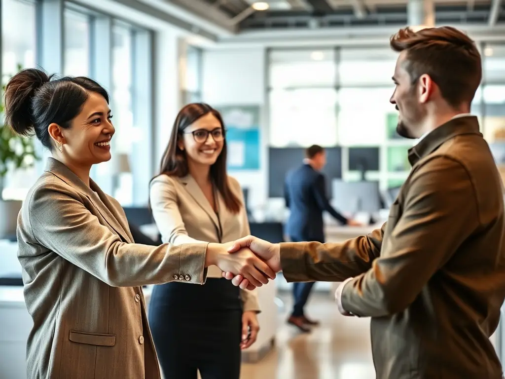 A customer happily interacting with a business representative, illustrating increased customer acquisition through effective reputation management.