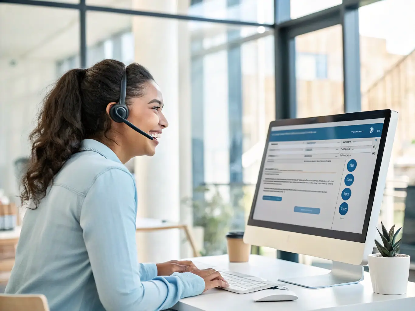 A laptop screen displaying a 24/7 AI Web Chat interface, actively engaging with a website visitor. The chat window shows a friendly and helpful AI assistant answering common customer questions.