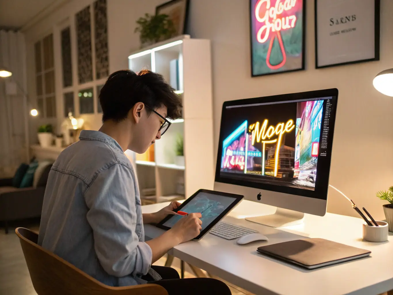 A graphic designer is working on a computer, creating a visually appealing advertisement for the SRQ Local Spotlight postcard. The design incorporates the client's branding and key message.