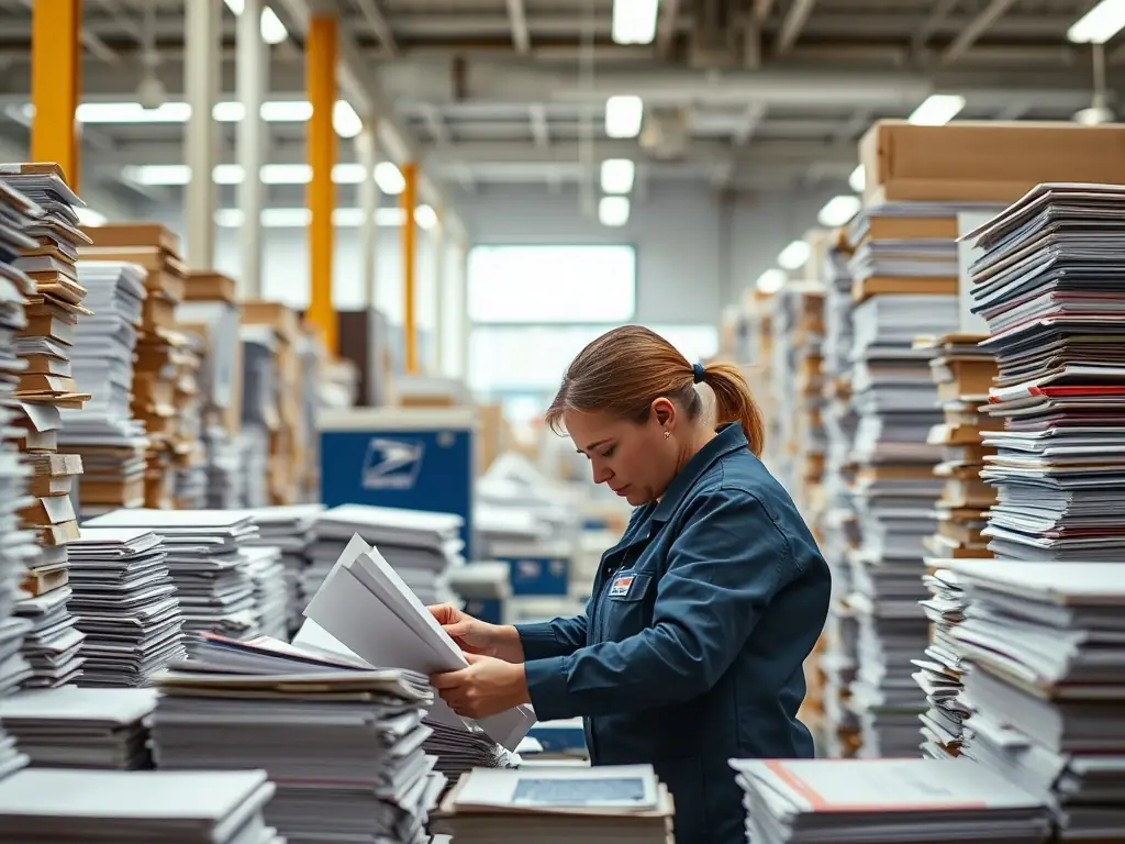 A stack of SRQ Local Spotlight postcards is being prepared for mailing, with a postal worker in the background. The scene conveys the scale and reach of the direct mail campaign.